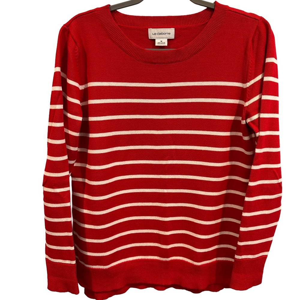 Liz Claiborne Women's Red and White Striped Cotton Sweater M